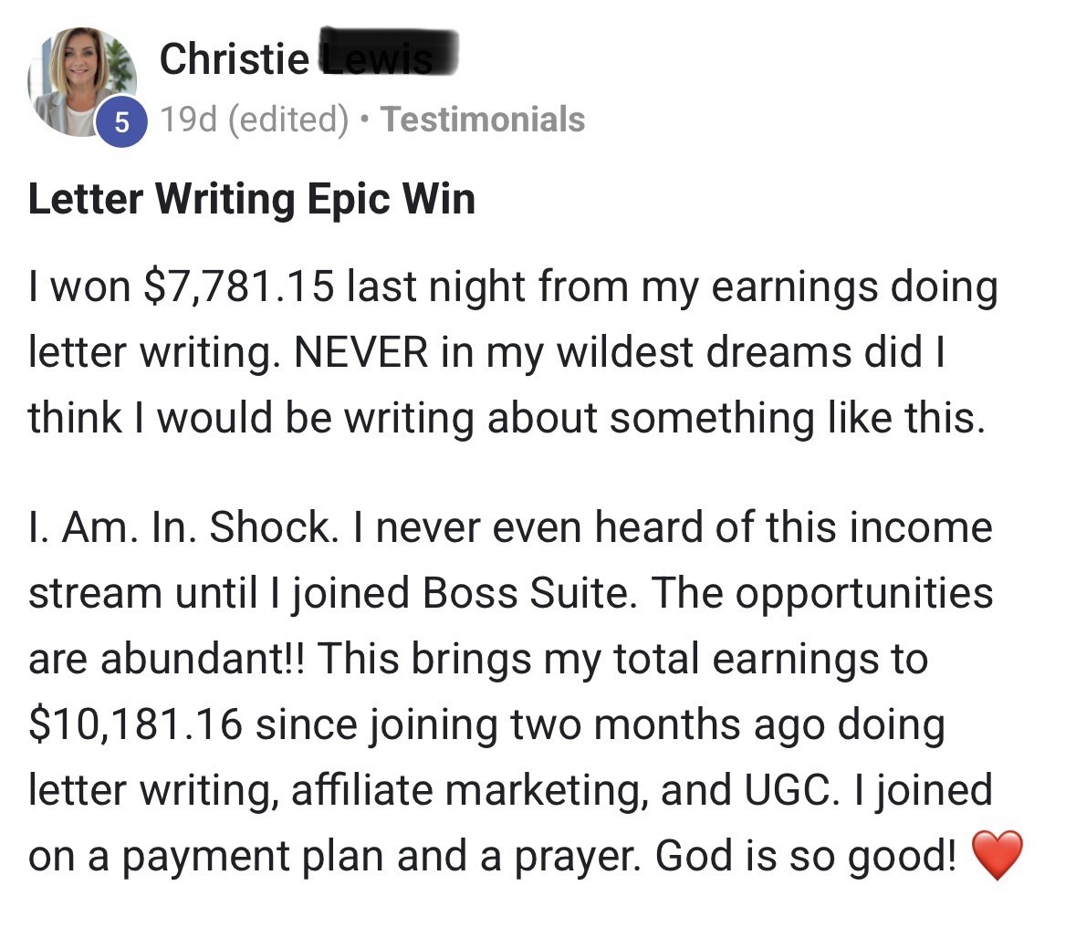 Testimonial from Christie: $7,781.15 in one night from letter writing, $10,181.16 total in two months