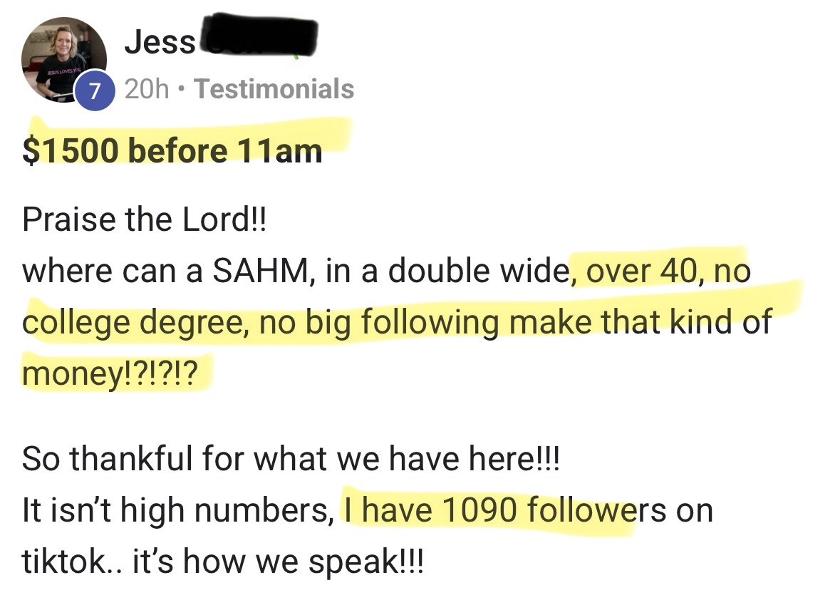 Testimonial from Jess: $1500 before 11am with 1,090 TikTok followers