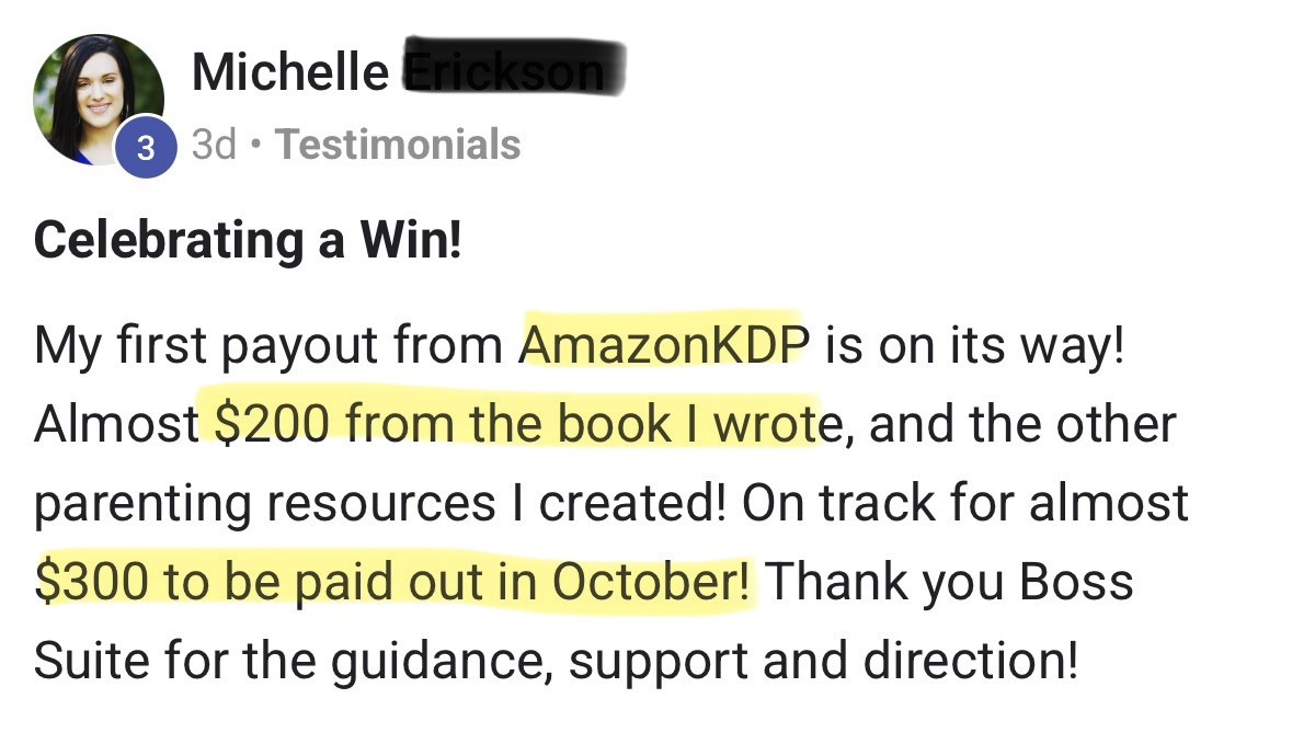 Testimonial from Michelle: first Amazon KDP payout, almost $200 and on track for almost $300 in October